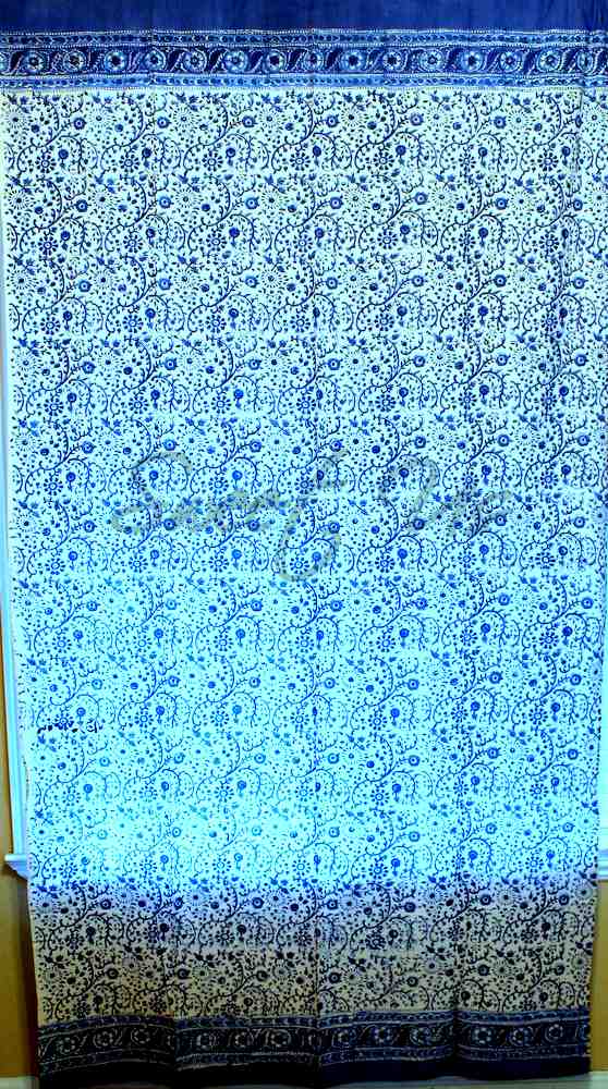 Cotton Block Print Floral Curtain Drape Blue White 46x88 Door Panel