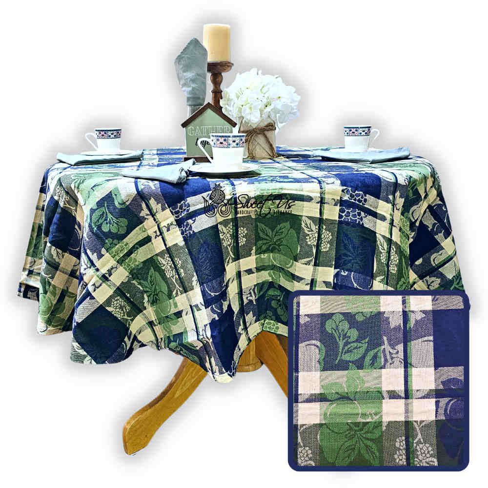 Berry Blossom Floral Plaid Jacquard Tablecloth Collection, Misty Meadow