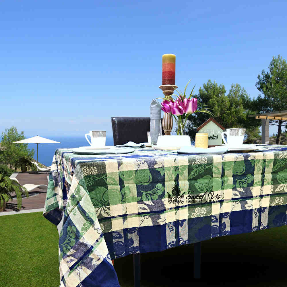 Berry Blossom Floral Plaid Jacquard Tablecloth Collection, Misty Meadow