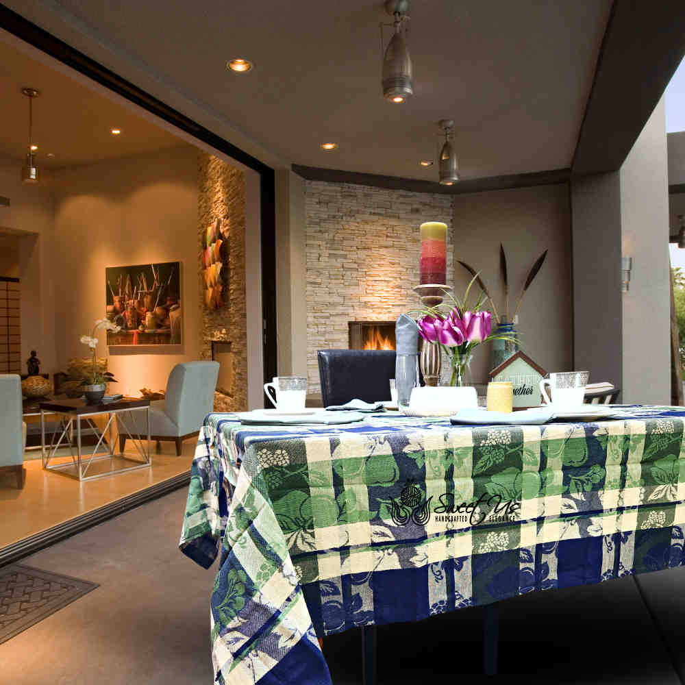 Berry Blossom Floral Plaid Jacquard Tablecloth Collection, Misty Meadow