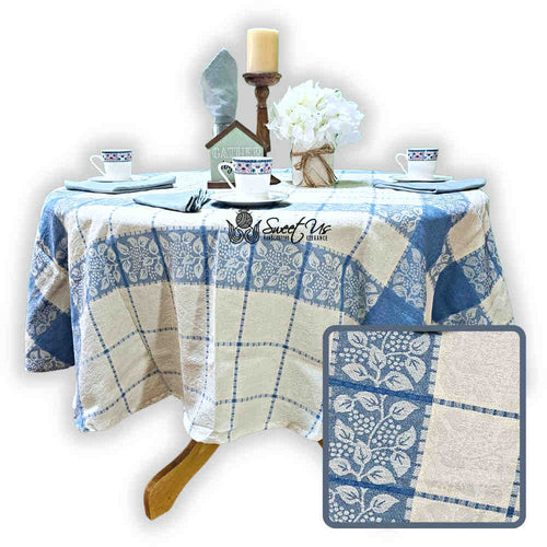 Jacquard Berry Vine Cotton Floral Tablecloth Collection, Oceanic Haze - Sweet Us