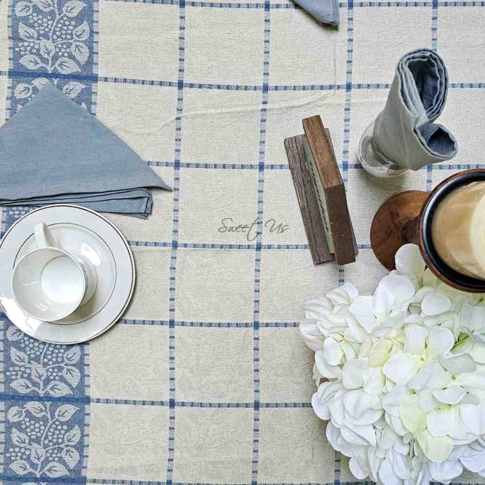 Jacquard Berry Vine Cotton Floral Tablecloth Collection, Oceanic Haze