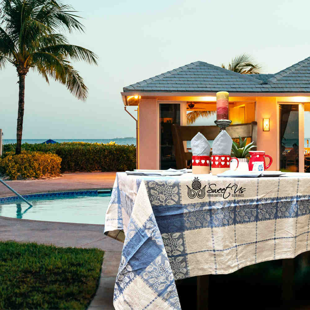 Jacquard Berry Vine Cotton Floral Tablecloth Collection, Oceanic Haze