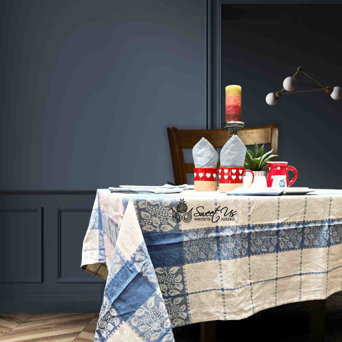 Jacquard Berry Vine Cotton Floral Tablecloth Collection, Oceanic Haze - Sweet Us
