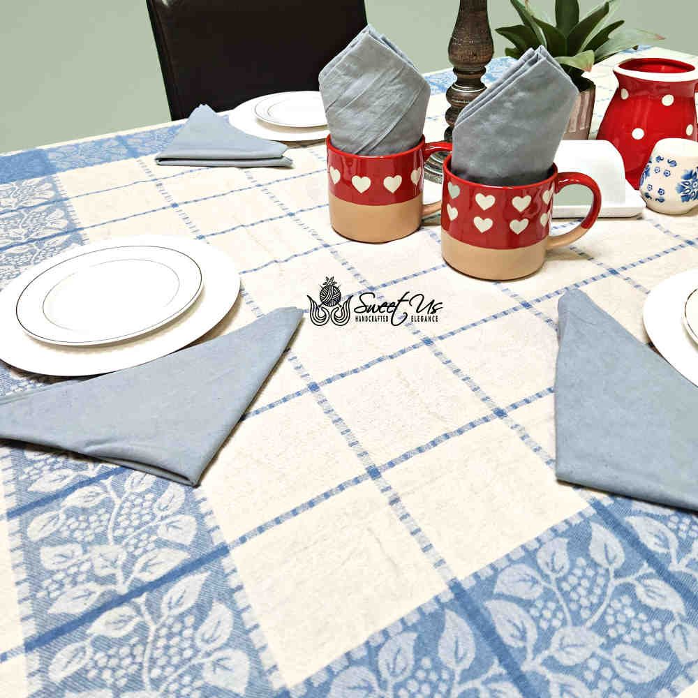 Jacquard Berry Vine Cotton Floral Tablecloth Collection, Oceanic Haze