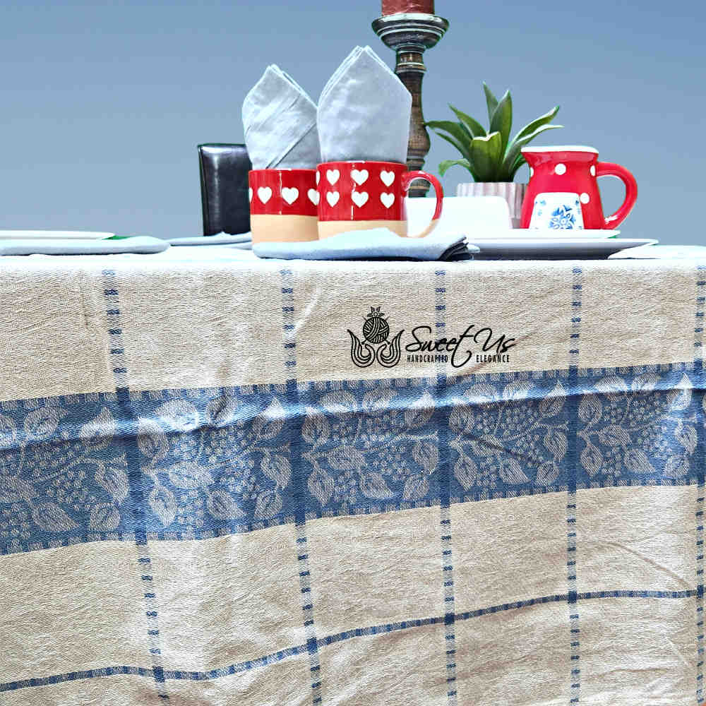 Jacquard Berry Vine Cotton Floral Tablecloth Collection, Oceanic Haze