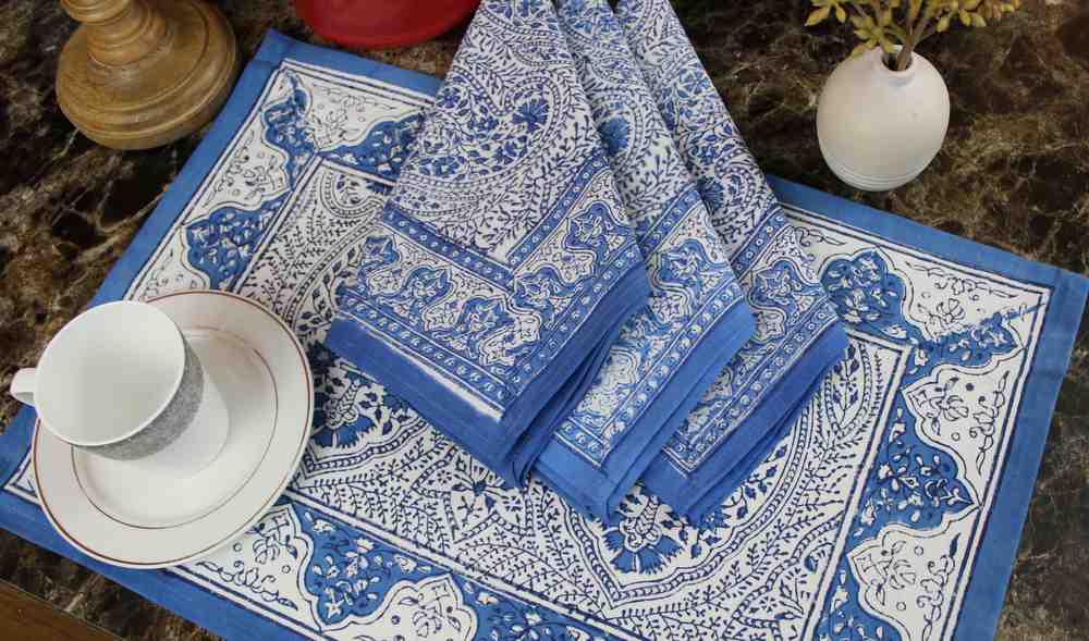 Princess Paisley Block Print Cotton Floral Placemat, Serene Blue