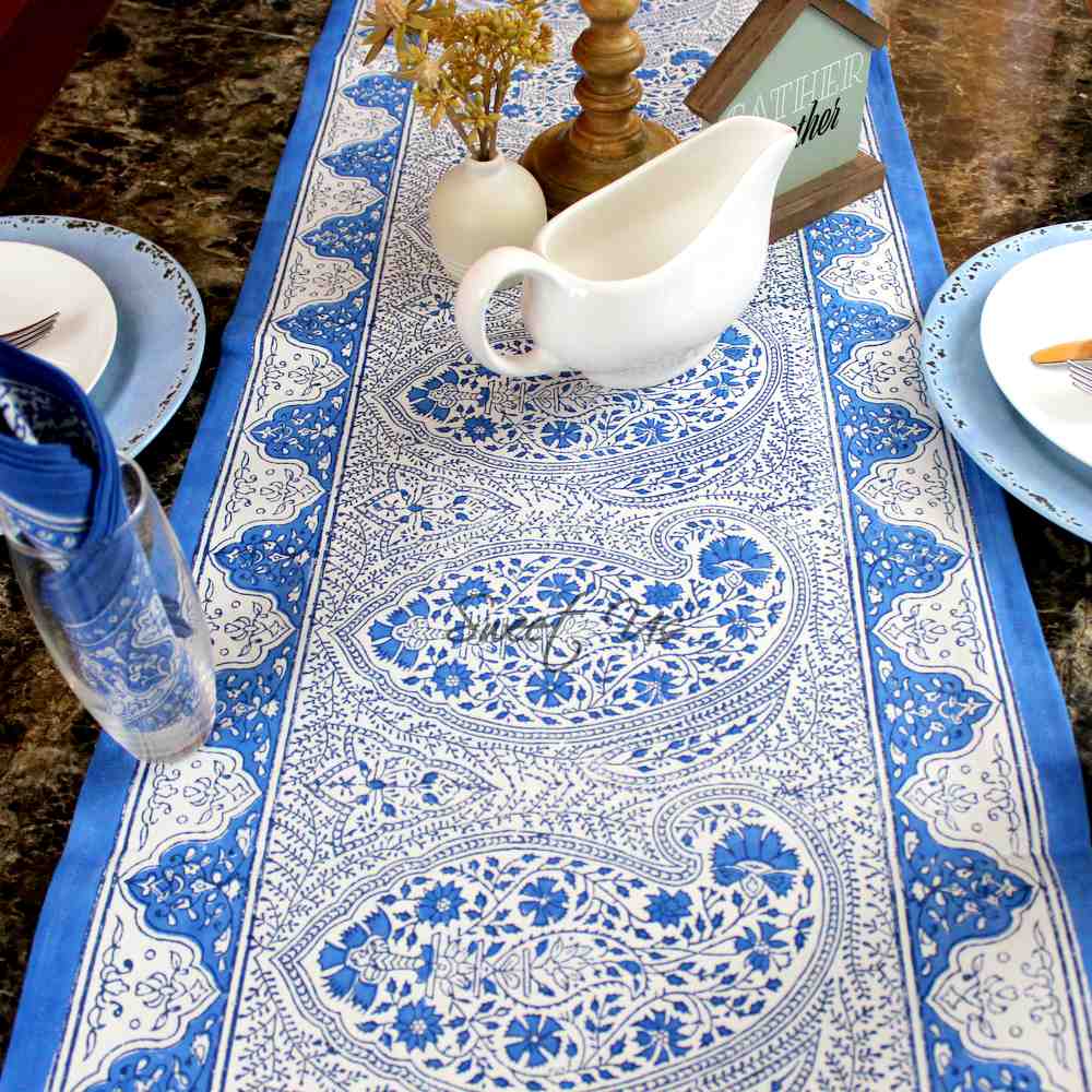 Princess Paisley Block Print Cotton Floral Table Runner, Serene Blue