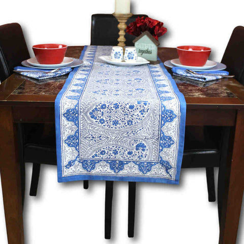 Princess Paisley Block Print Cotton Floral Table Runner, Serene Blue