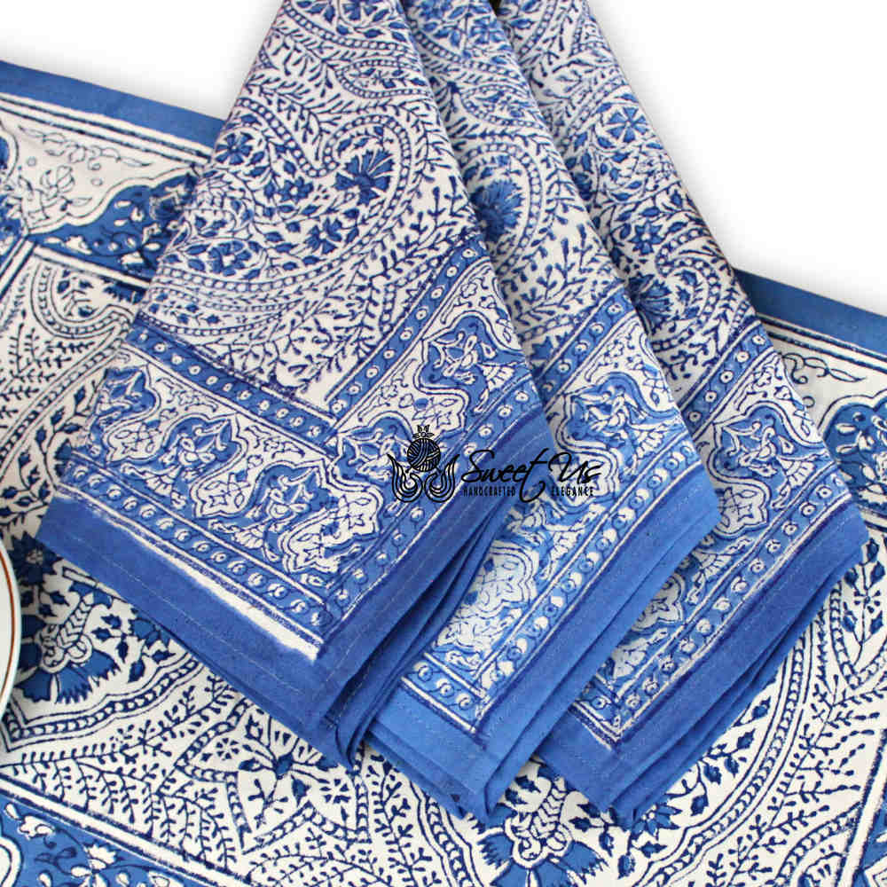 Princess Paisley Block Print Cotton Floral Table Napkin, Serene Blue