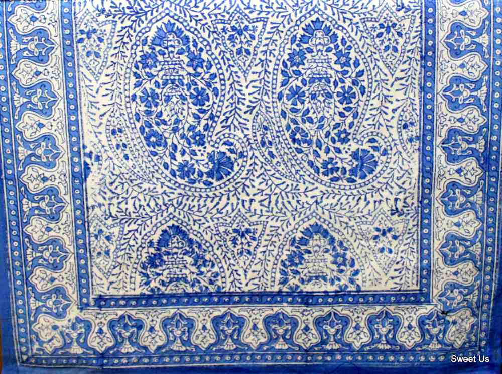 Princess Paisley Block Print Cotton Floral Table Runner, Serene Blue