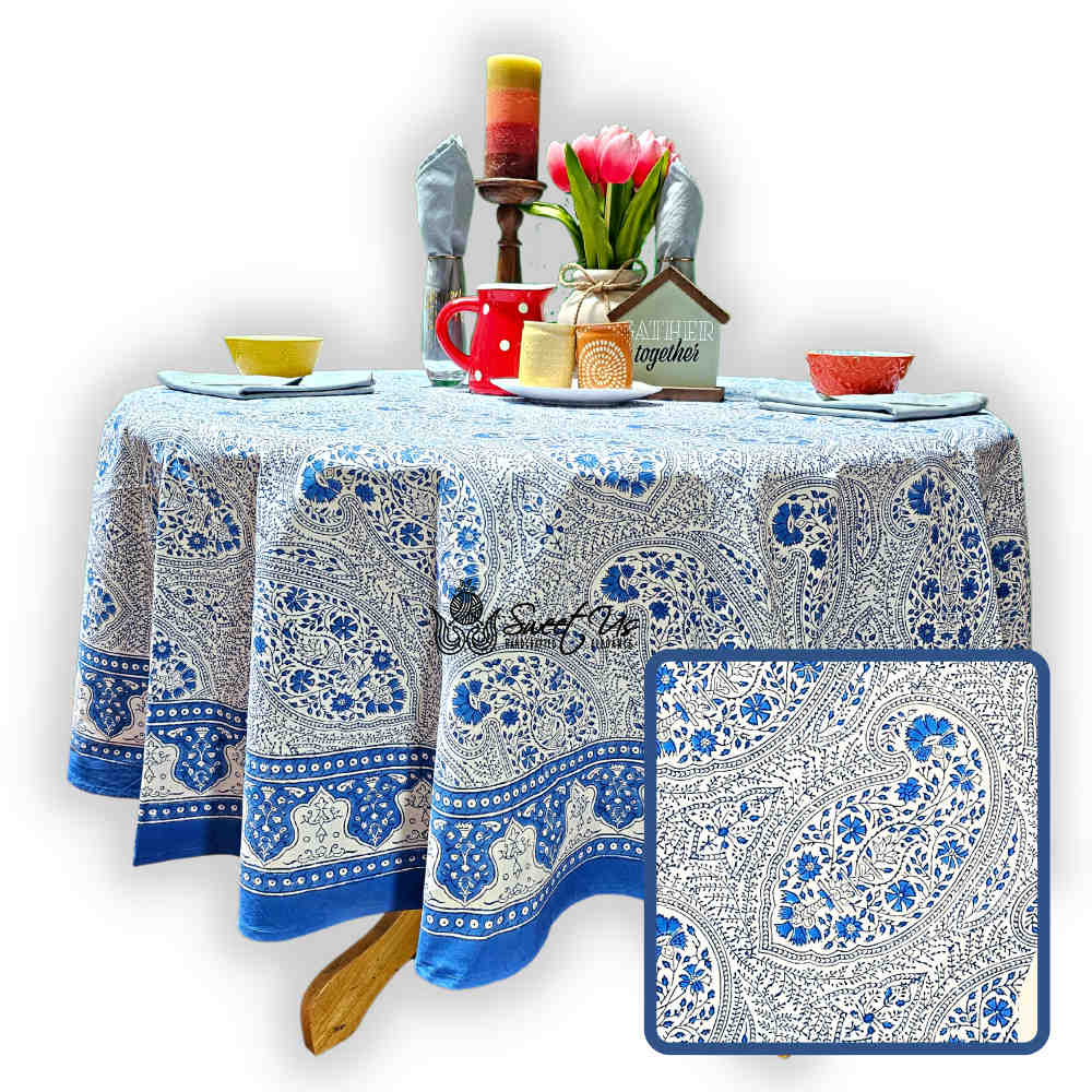Princess Paisley Block Print Cotton Floral Tablecloth Round, Serene Blue