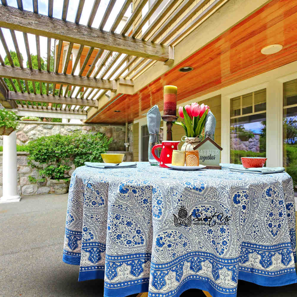 Princess Paisley Block Print Cotton Floral Tablecloth Round, Serene Blue