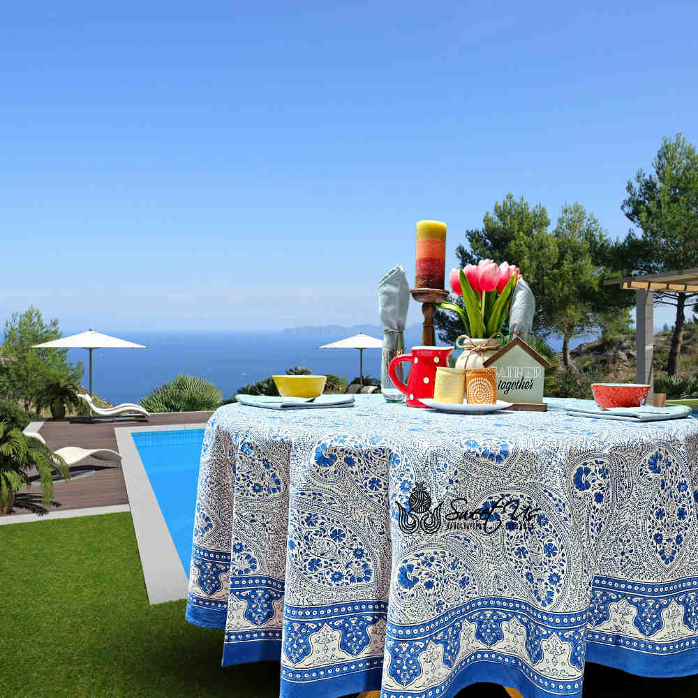 Princess Paisley Block Print Cotton Floral Tablecloth Round, Serene Blue