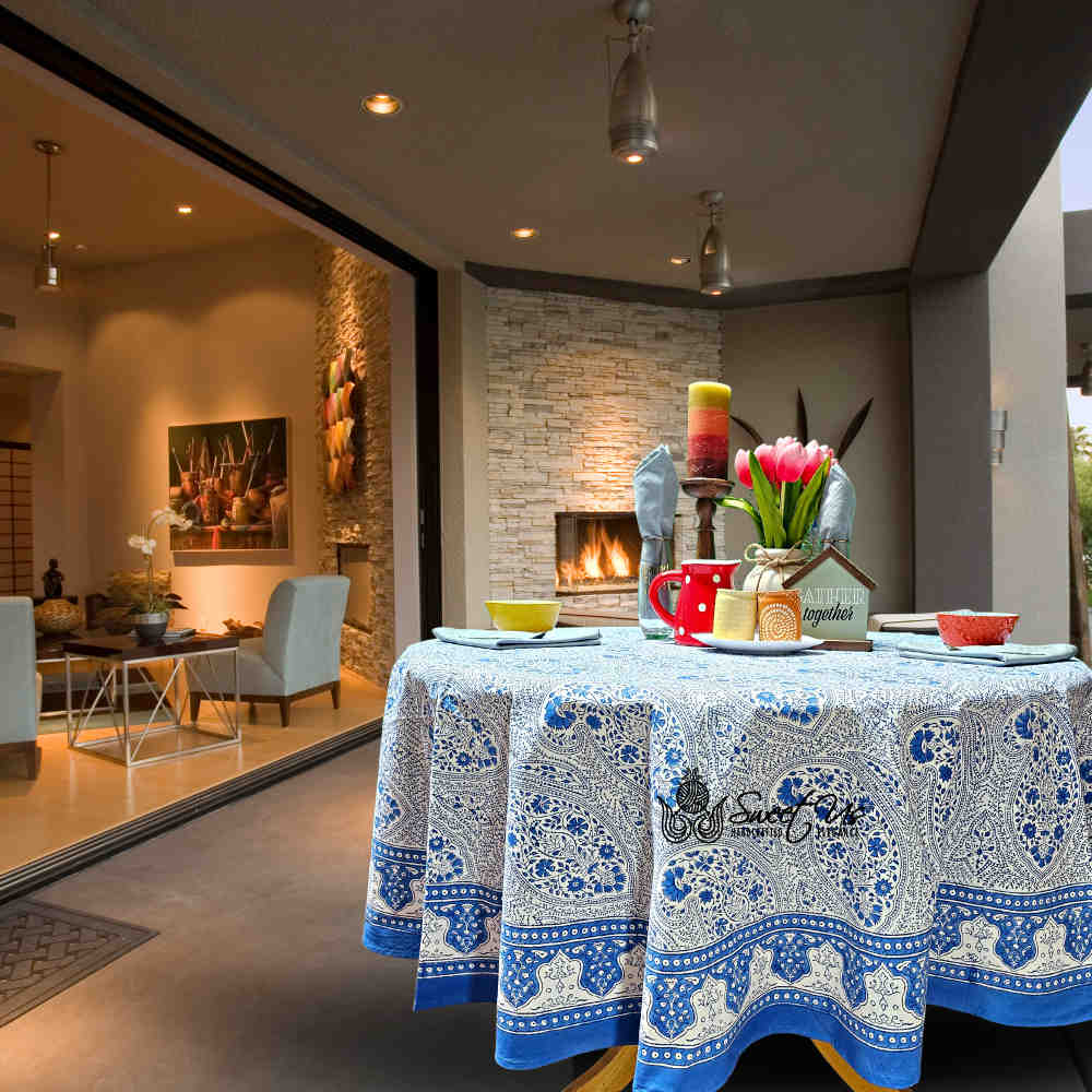 Princess Paisley Block Print Cotton Floral Tablecloth Round, Serene Blue