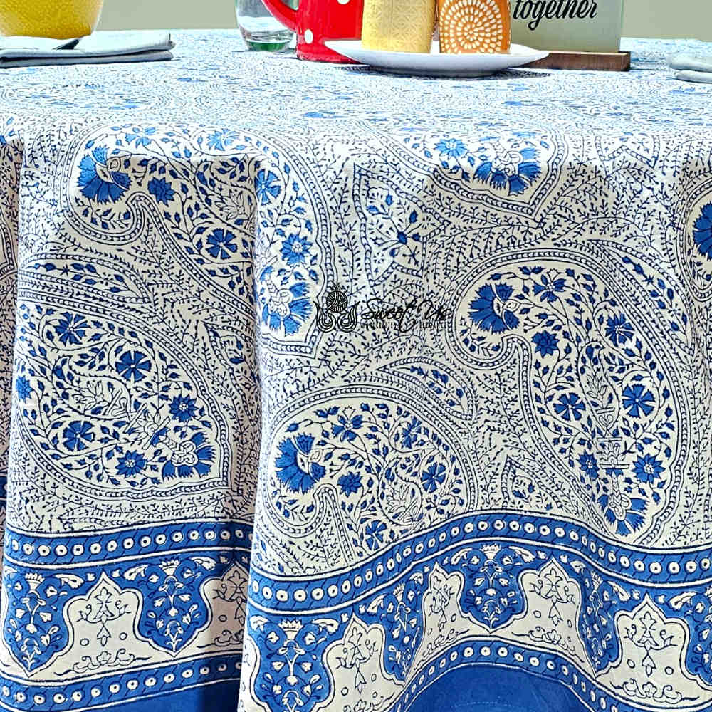 Princess Paisley Block Print Cotton Floral Tablecloth Round, Serene Blue