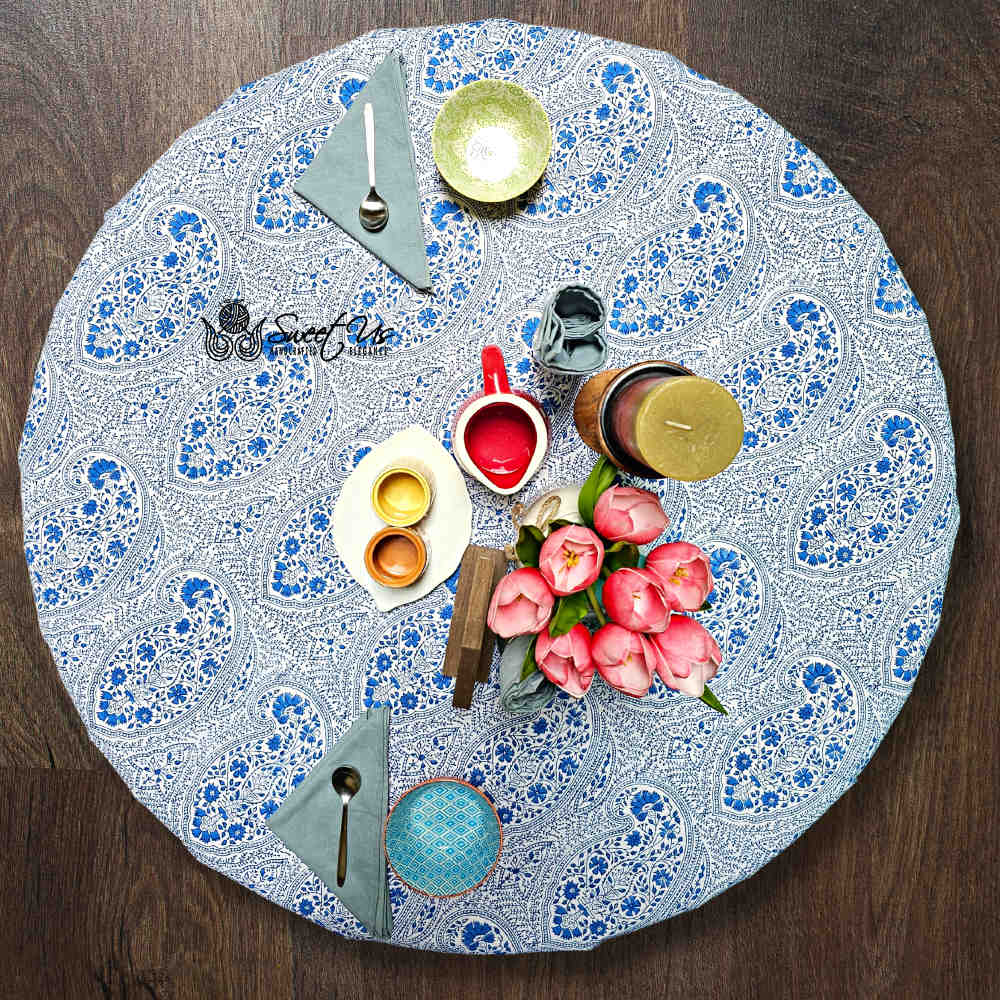 Princess Paisley Block Print Cotton Floral Tablecloth Round, Serene Blue