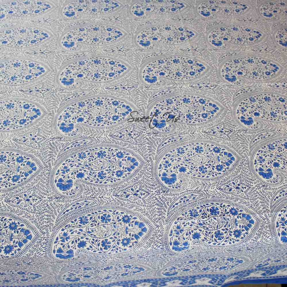 Princess Paisley Block Print Cotton Floral Tablecloth Rectangle, Serene Blue