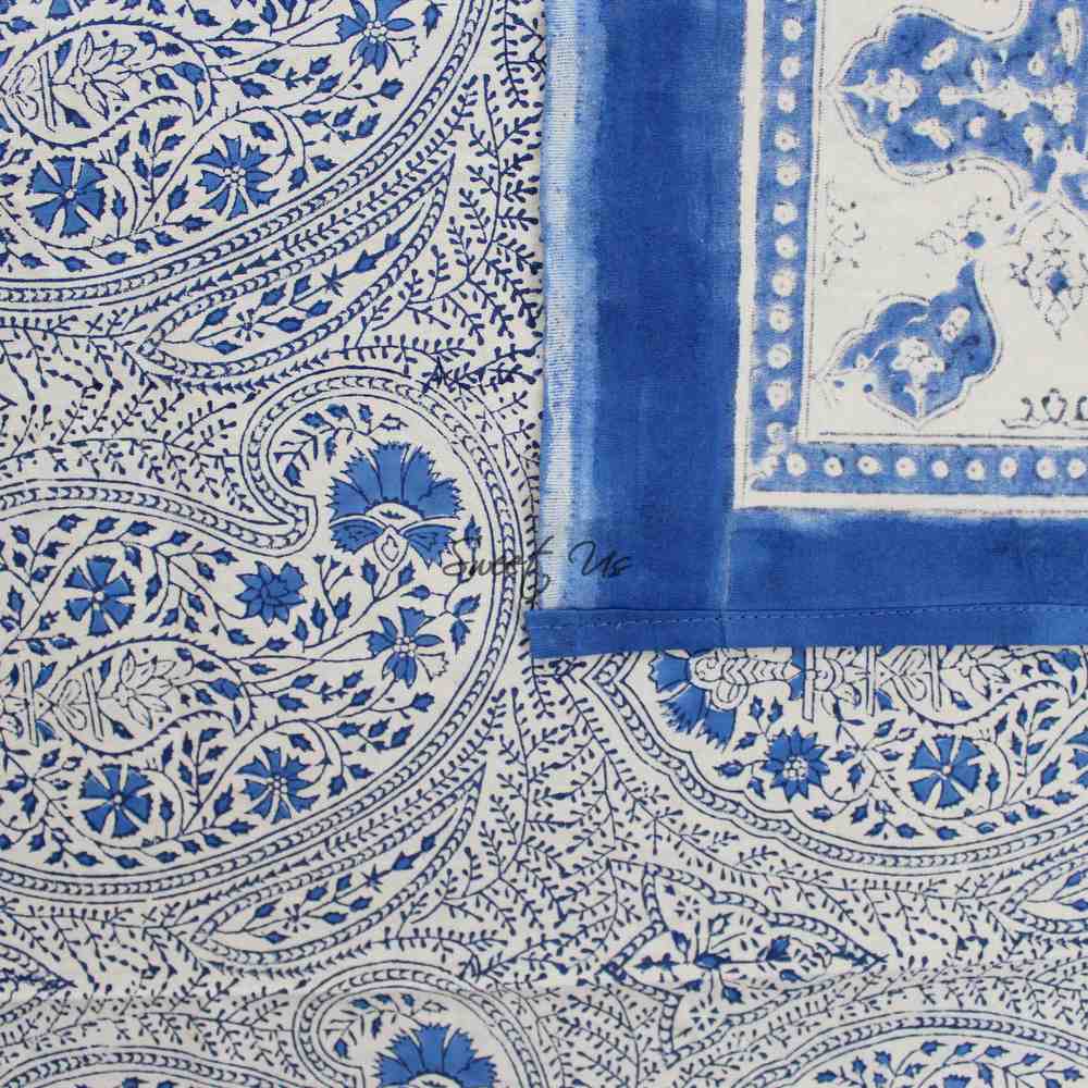 Princess Paisley Block Print Cotton Floral Tablecloth Square, Serene Blue
