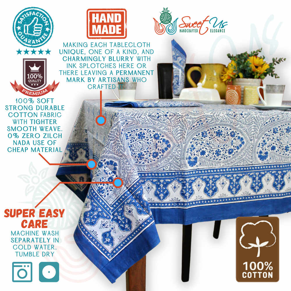 Princess Paisley Block Print Cotton Floral Tablecloth Square, Serene Blue