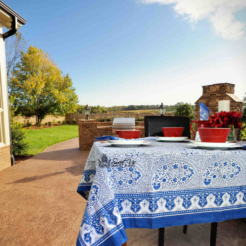 Princess Paisley Block Print Cotton Floral Tablecloth Rectangle, Serene Blue