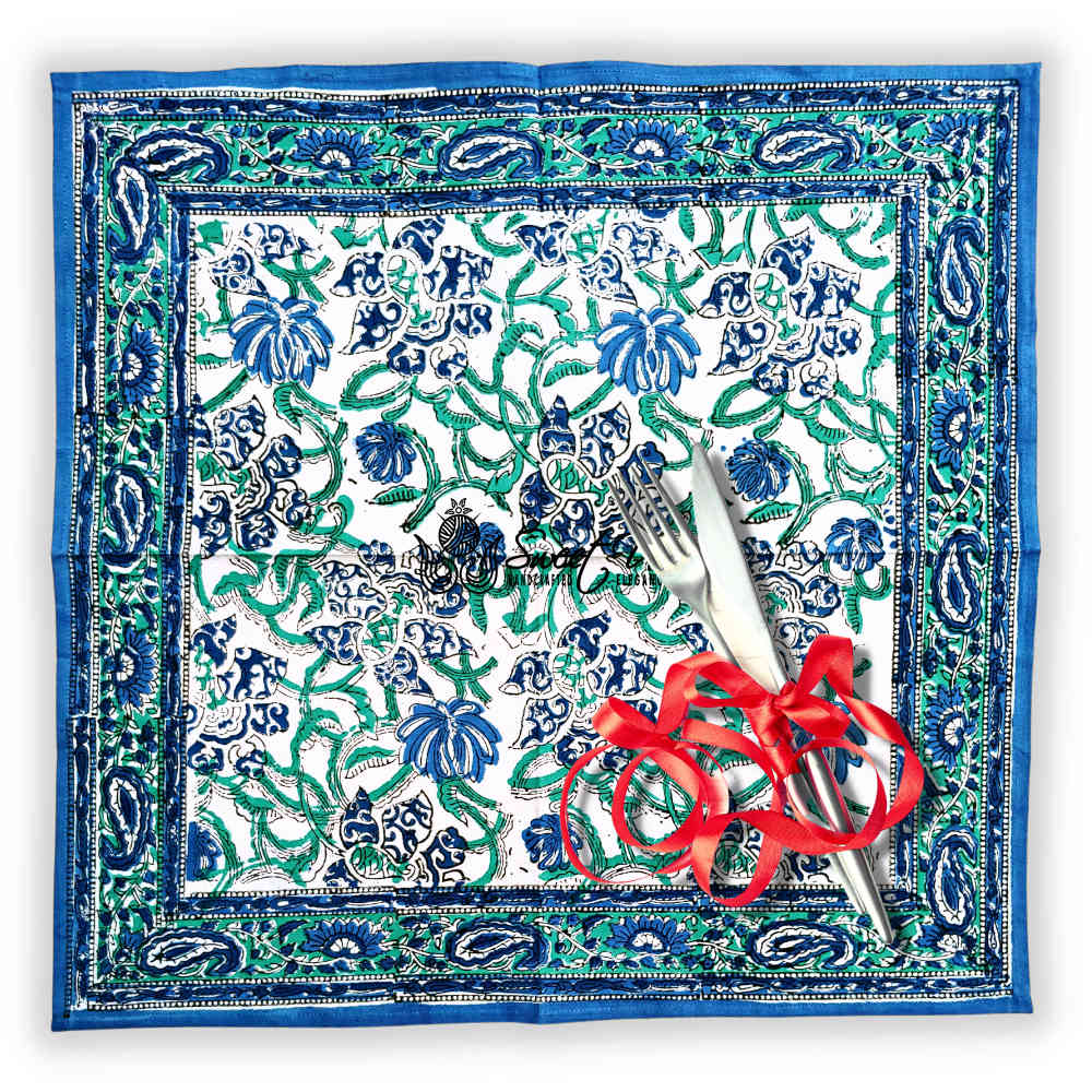 Paisley Paradise Block Print Cotton Set of 4 Napkins, Emerald Bay