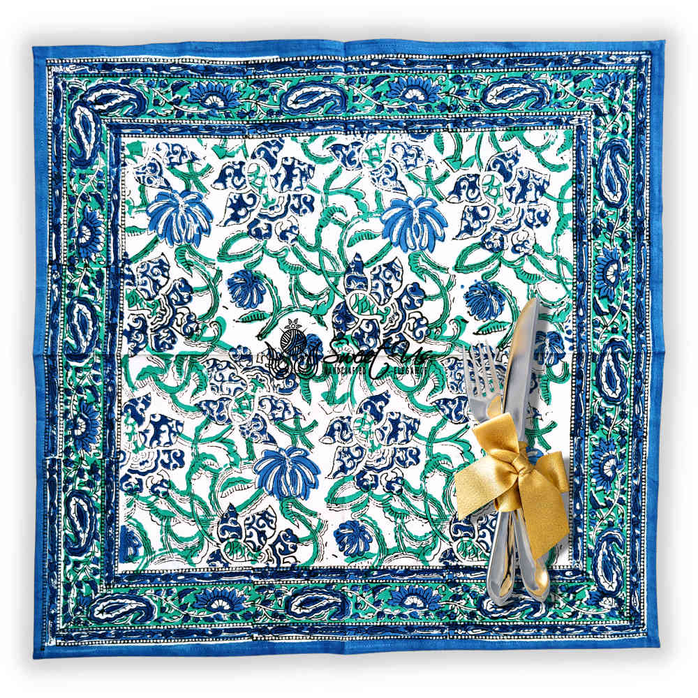 Paisley Paradise Block Print Cotton Set of 4 Napkins, Emerald Bay