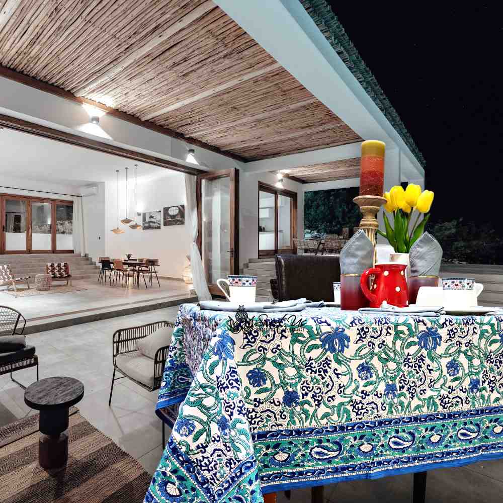 Paisley Paradise Block Print Cotton Tablecloth Square, Emerald Bay