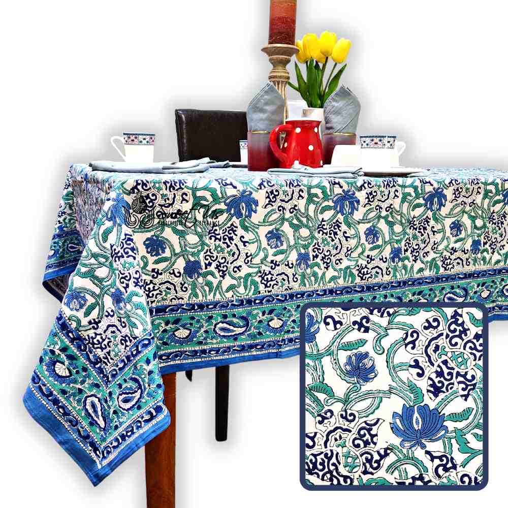 Paisley Paradise Block Print Cotton Tablecloth Square, Emerald Bay