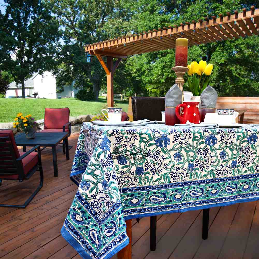 Paisley Paradise Block Print Cotton Tablecloth Square, Emerald Bay