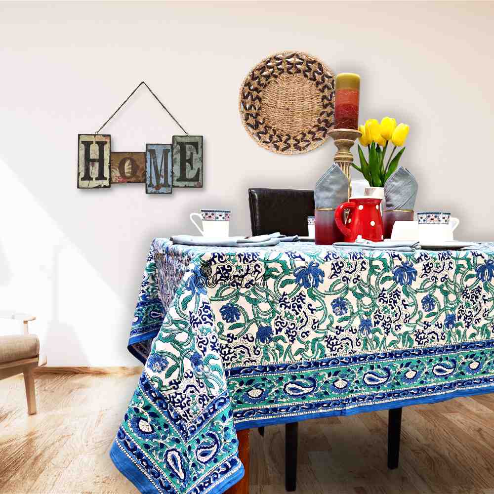 Paisley Paradise Block Print Cotton Tablecloth Square, Emerald Bay