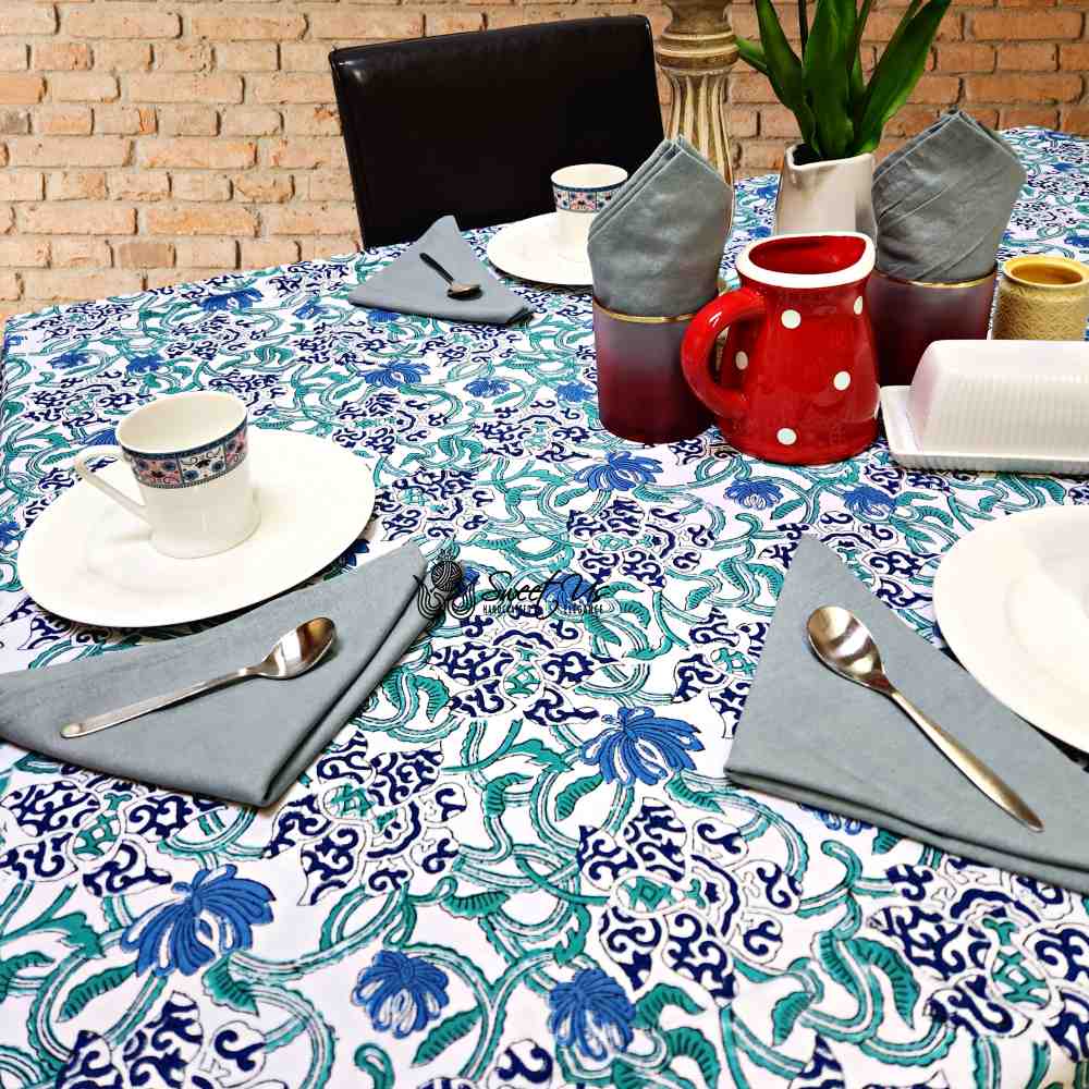 Paisley Paradise Block Print Cotton Tablecloth Square, Emerald Bay