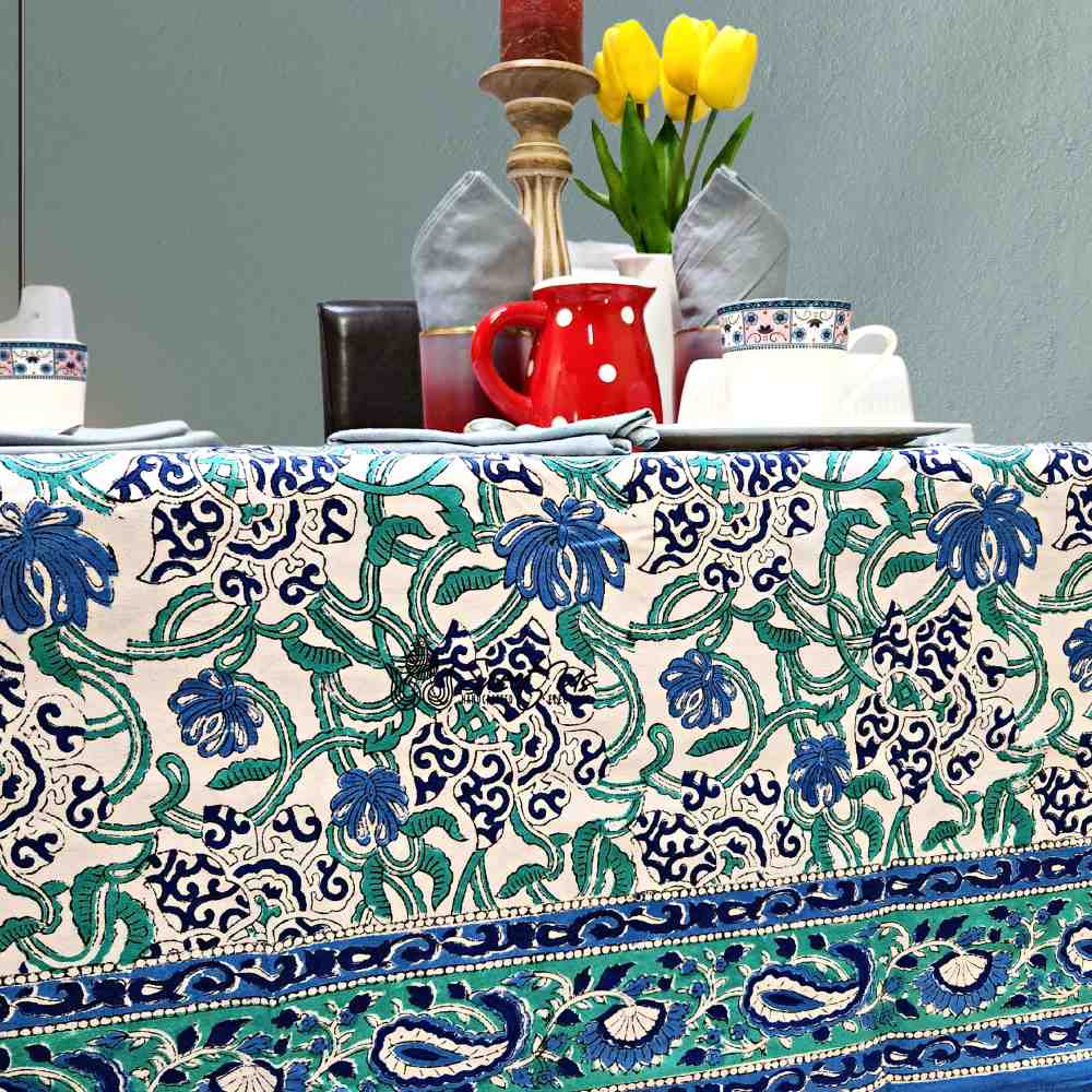 Paisley Paradise Block Print Cotton Tablecloth Square, Emerald Bay