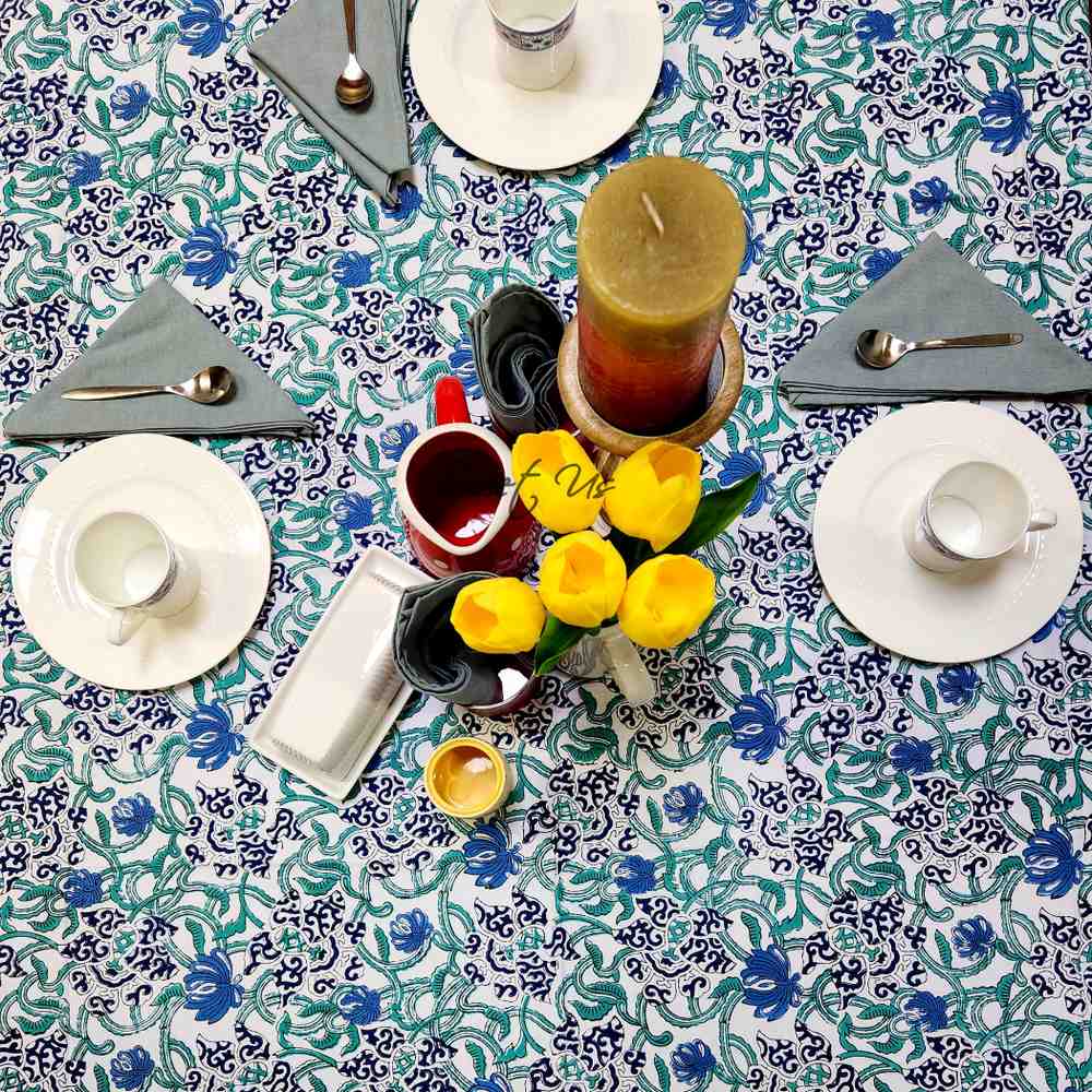Paisley Paradise Block Print Cotton Tablecloth Square, Emerald Bay