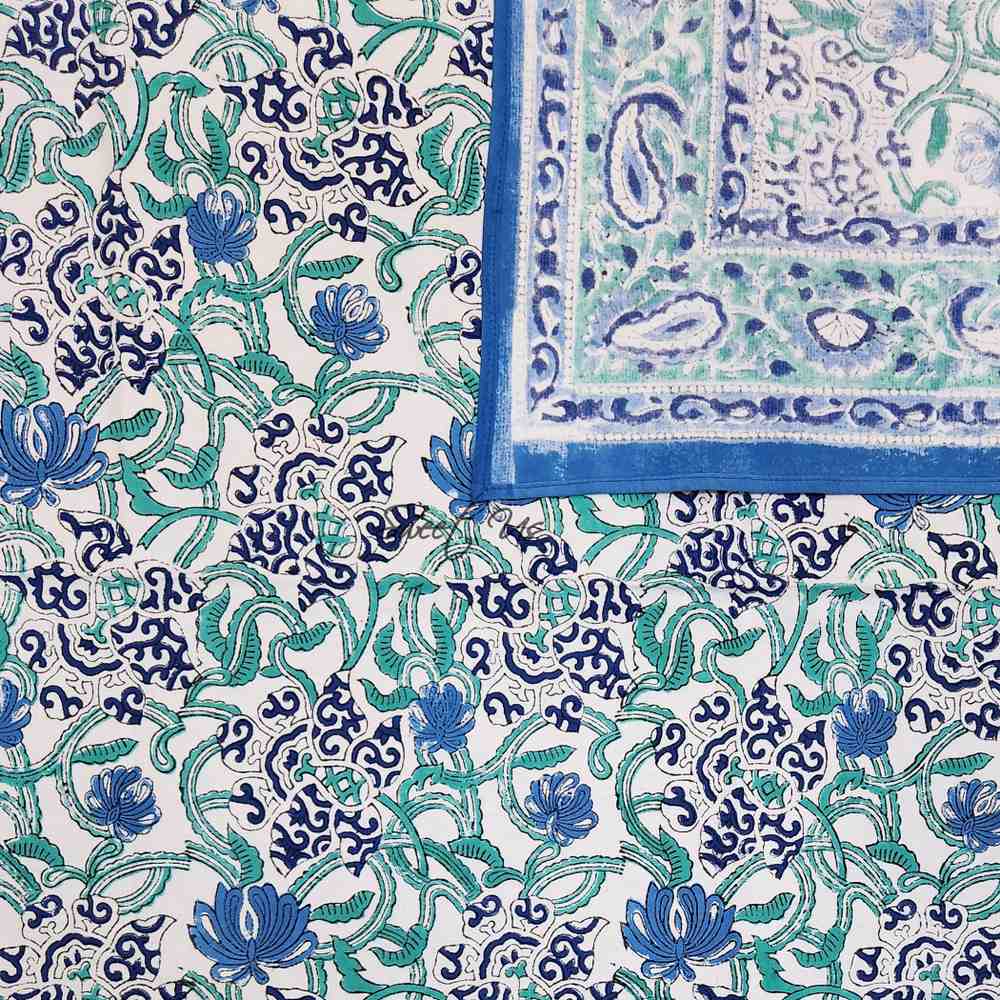 Paisley Paradise Block Print Cotton Tablecloth Square, Emerald Bay
