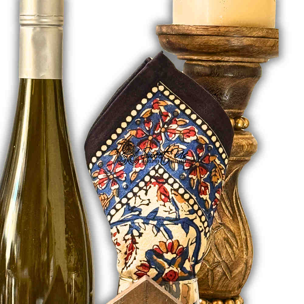 Vintage Paisley Floral Cotton Block Print Dinner Set of 4 Napkins, Aqua Dusk