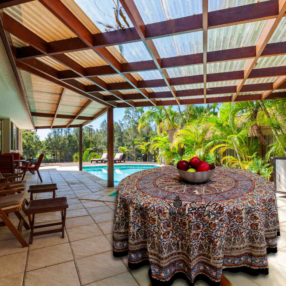 Vintage Paisley Block Print Cotton Floral Tablecloth Rectangle, Aqua Dusk
