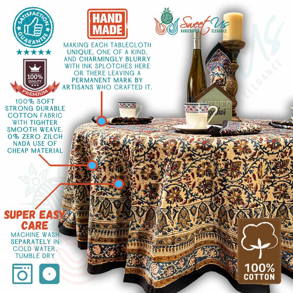 Vintage Paisley Block Print Cotton Floral Tablecloth Round, Aqua Dusk