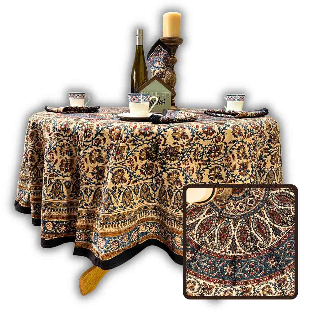 Vintage Paisley Block Print Cotton Floral Tablecloth Round, Aqua Dusk
