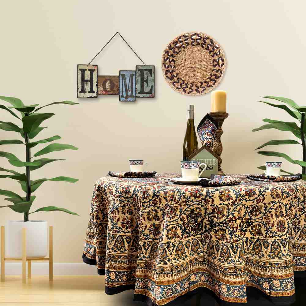 Vintage Paisley Block Print Cotton Floral Tablecloth Round, Aqua Dusk