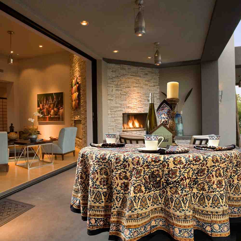 Vintage Paisley Block Print Cotton Floral Tablecloth Round, Aqua Dusk