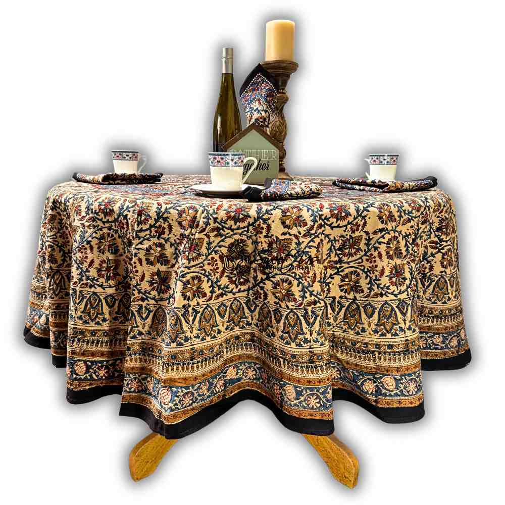 Vintage Paisley Block Print Cotton Floral Tablecloth Round, Aqua Dusk