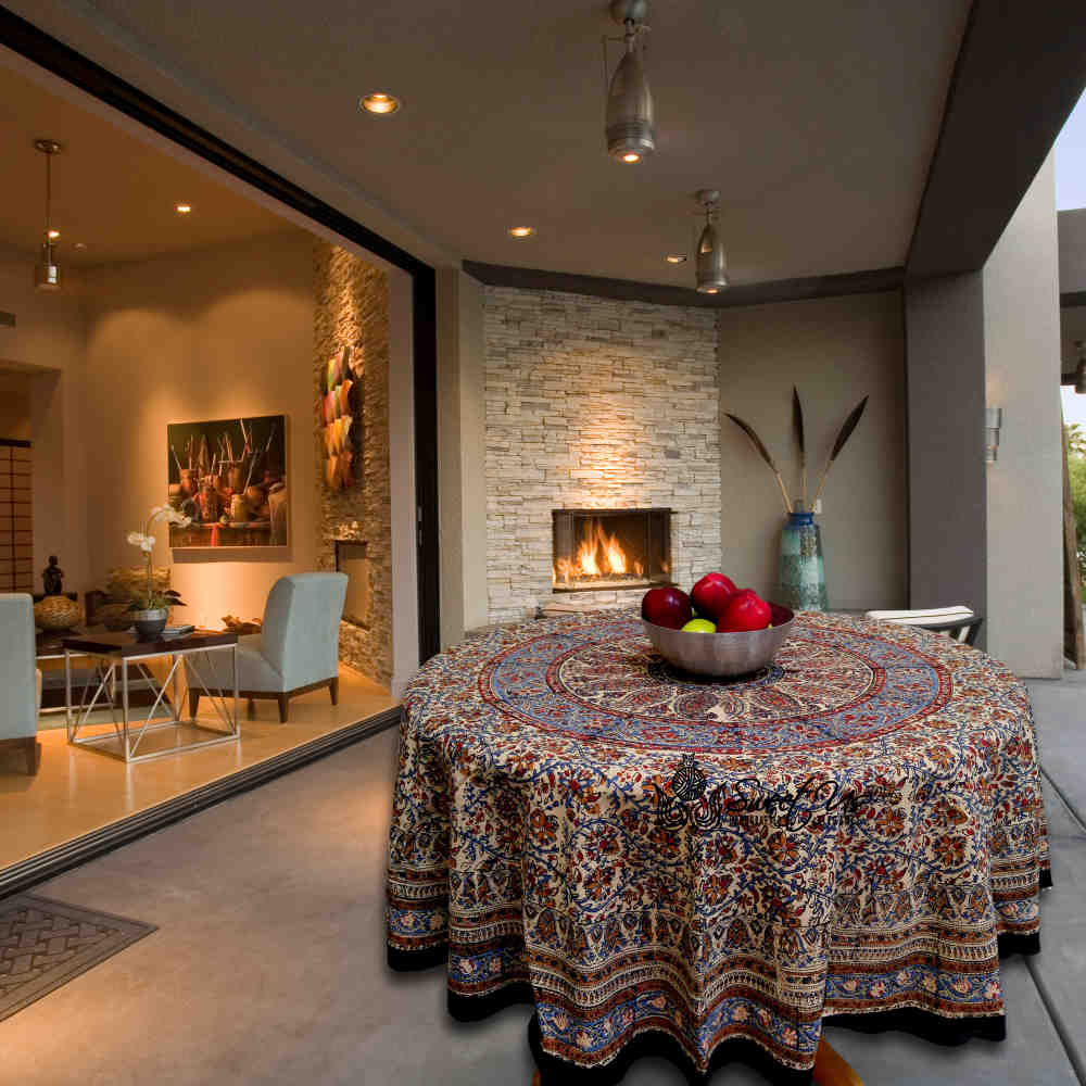 Vintage Paisley Block Print Cotton Floral Tablecloth Rectangle, Aqua Dusk