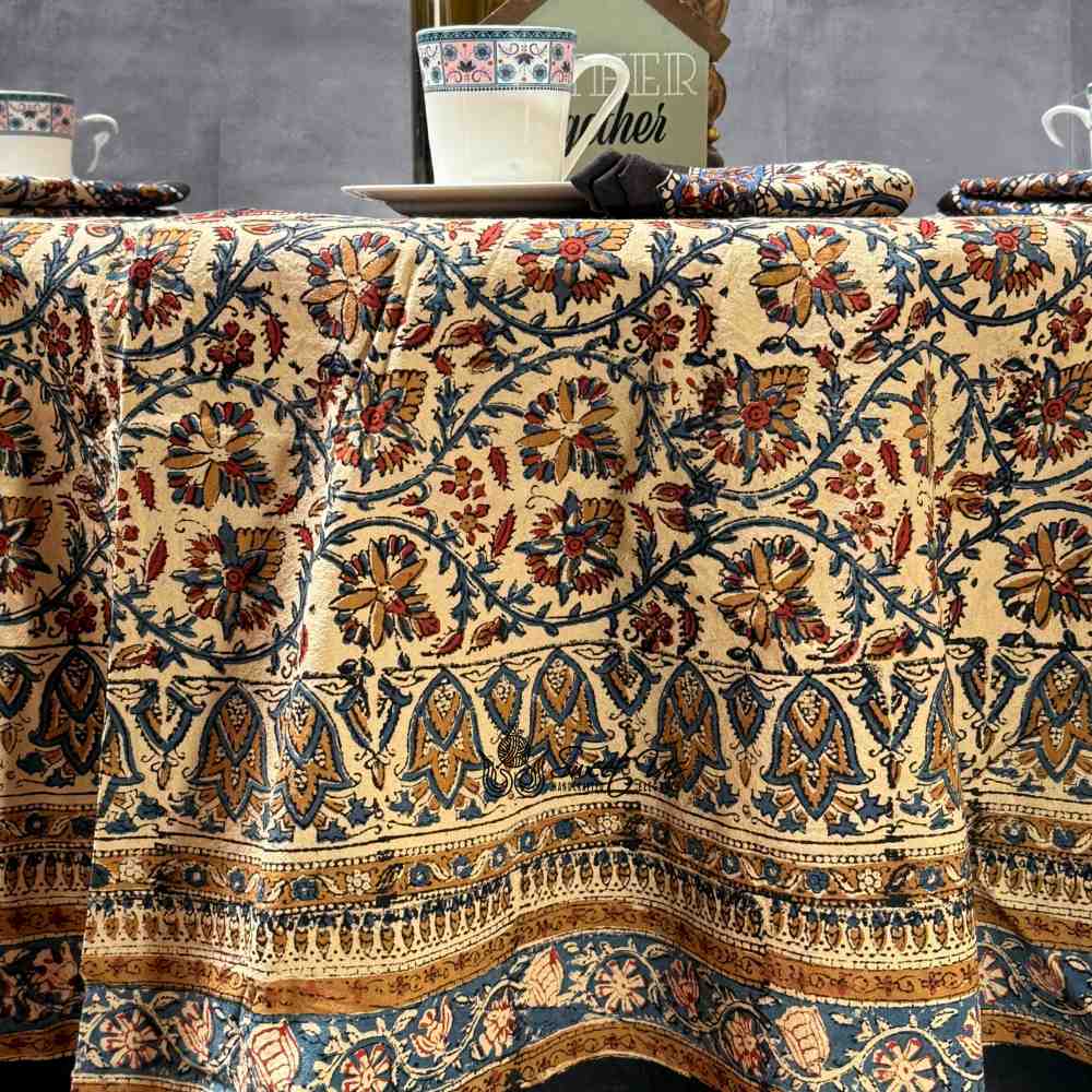 Vintage Paisley Block Print Cotton Floral Tablecloth Round, Aqua Dusk