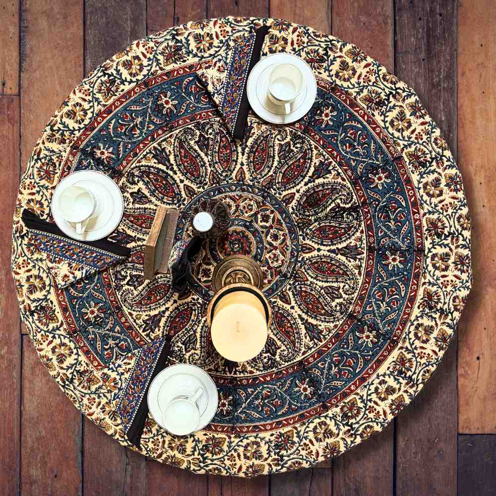 Vintage Paisley Block Print Cotton Floral Tablecloth Round, Aqua Dusk