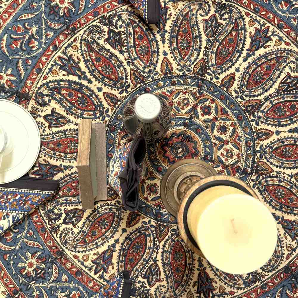 Vintage Paisley Block Print Cotton Floral Tablecloth Round, Aqua Dusk