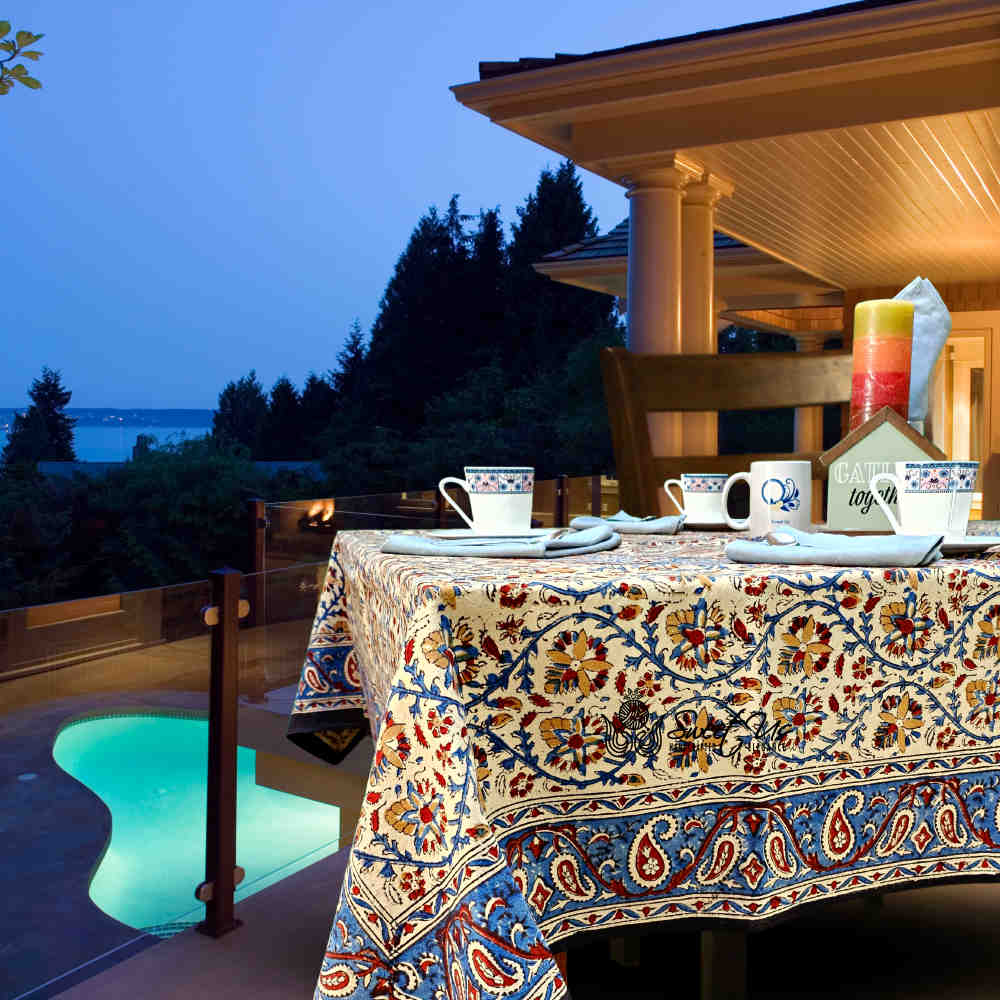 Vintage Paisley Block Print Cotton Floral Tablecloth Rectangle, Aqua Dusk