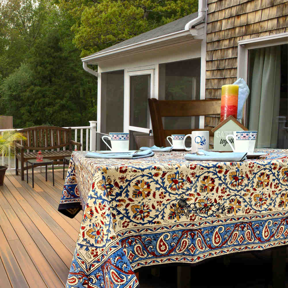 Vintage Paisley Block Print Cotton Floral Tablecloth Square, Aqua Dusk