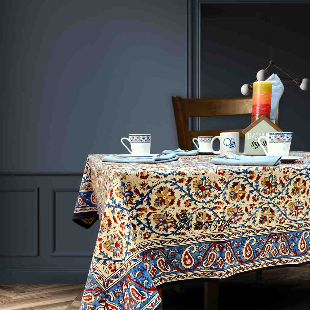 Vintage Paisley Block Print Cotton Floral Tablecloth Rectangle, Aqua Dusk