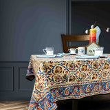 Block Print Cotton Paisley Floral Tablecloth Collection, Beige, Gold, Blue